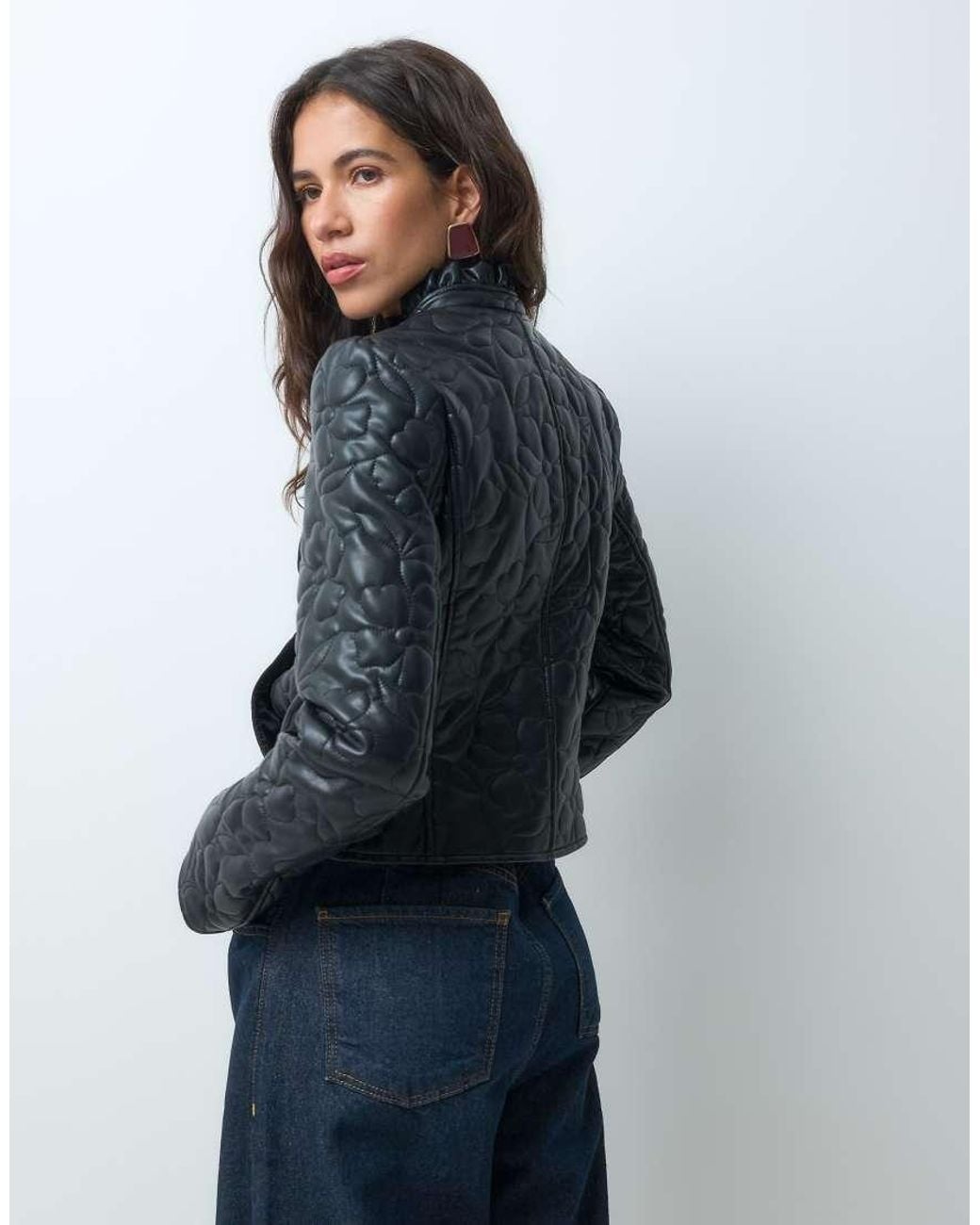 Miss Selfridge Blue Leather Look Floral Quilt Jacket With Frill Collar