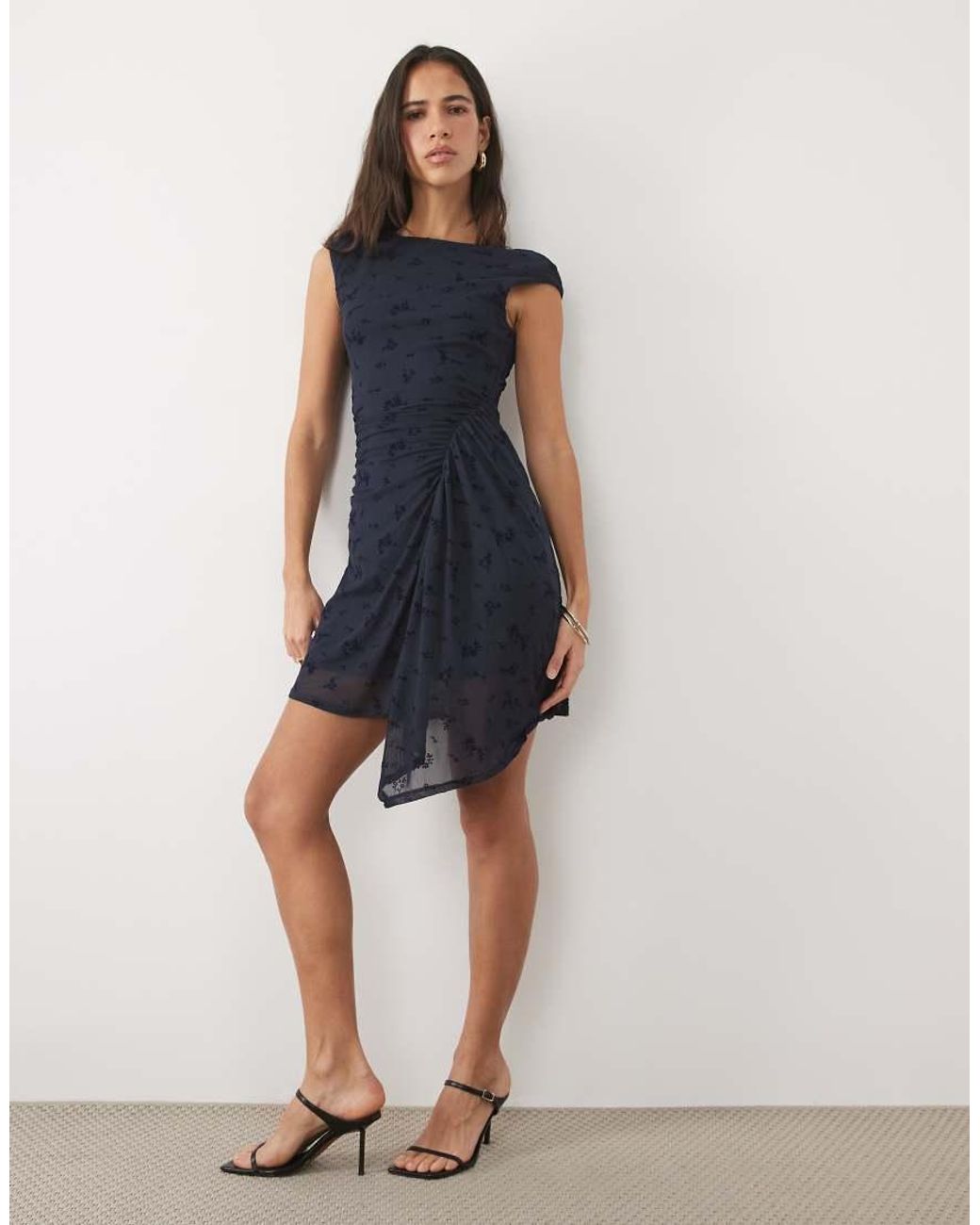 New Look Blue Flocked Mesh Ruche Detail Mini Dress