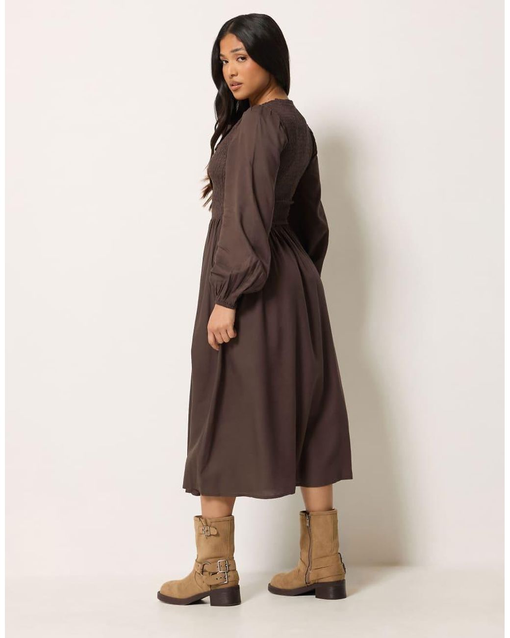PixieGirl Brown Petite Shirred Midi Dress