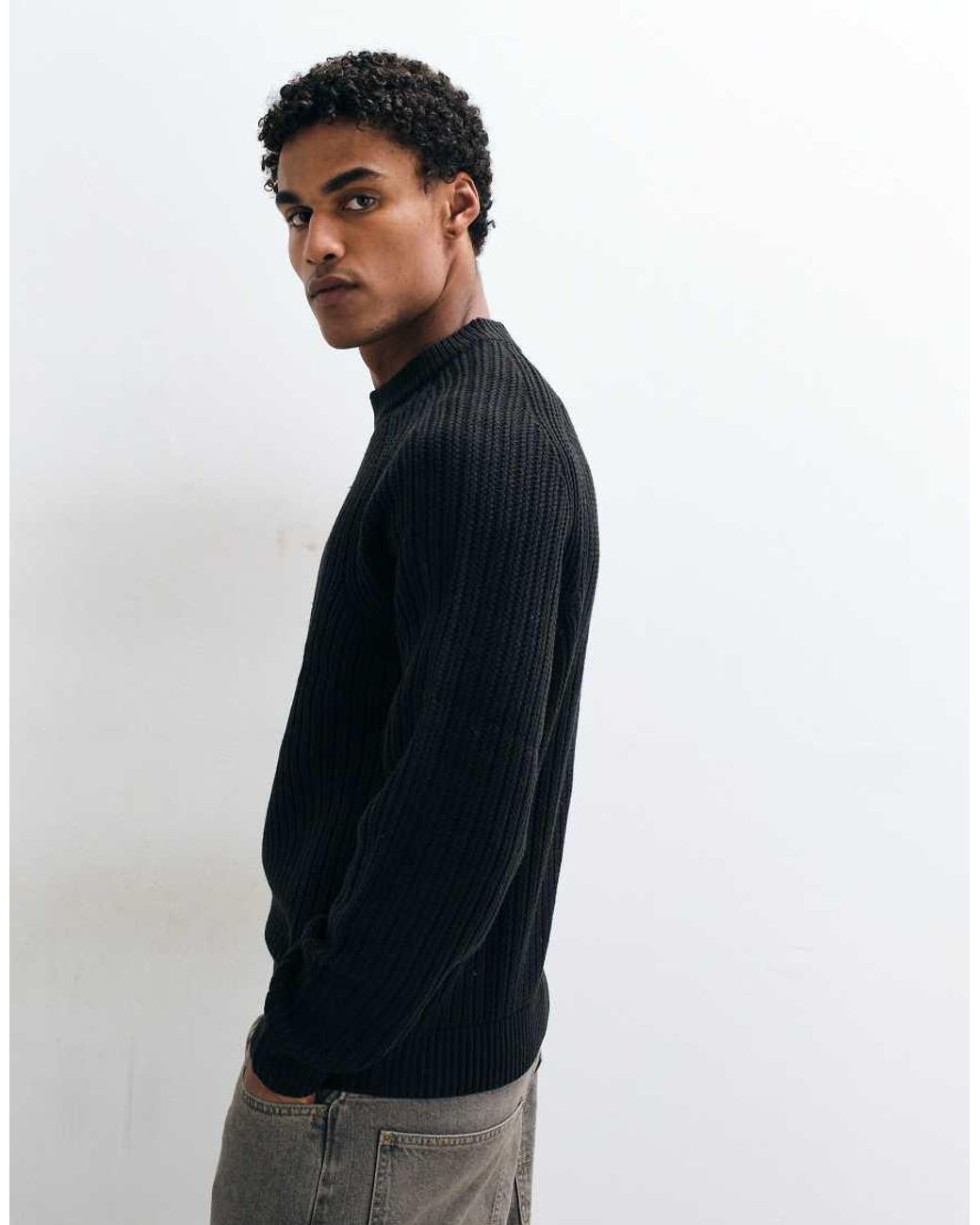 Collusion Black Fisherman Rib Raglan Knitted Jumper for men