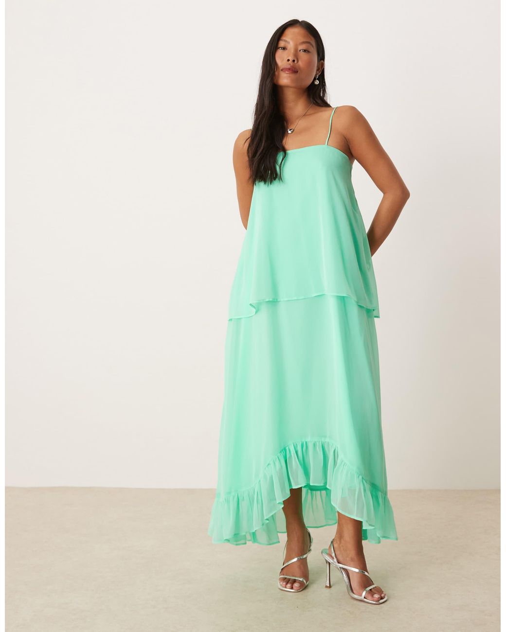 ASOS Asos Design Petite Cami Overlay Midi Dress With Ruffle in Green | Lyst