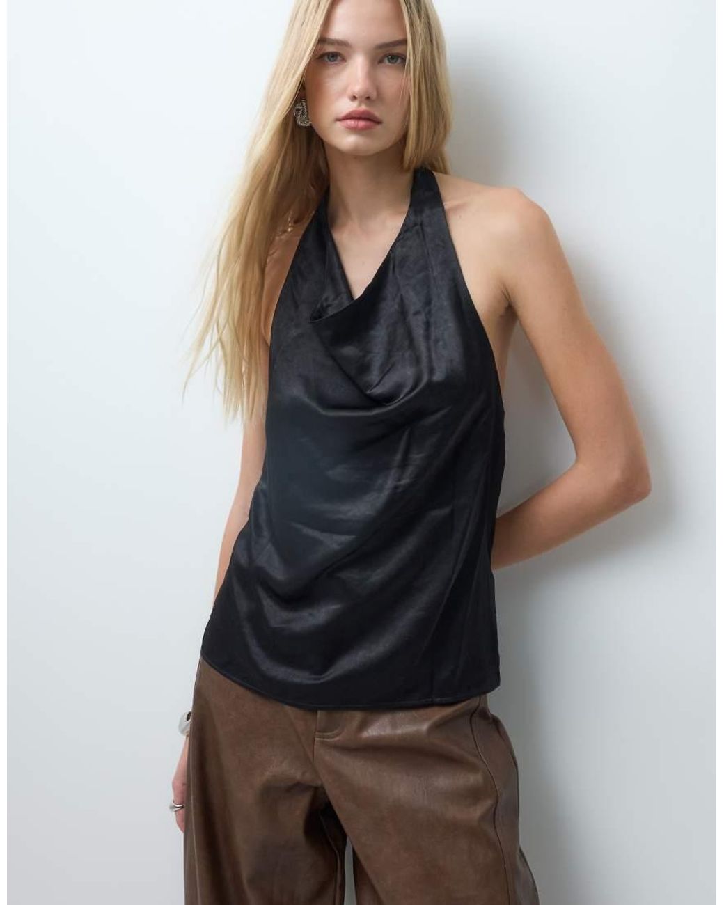 Vero Moda Gray Halterneck Satin Waterfall Top