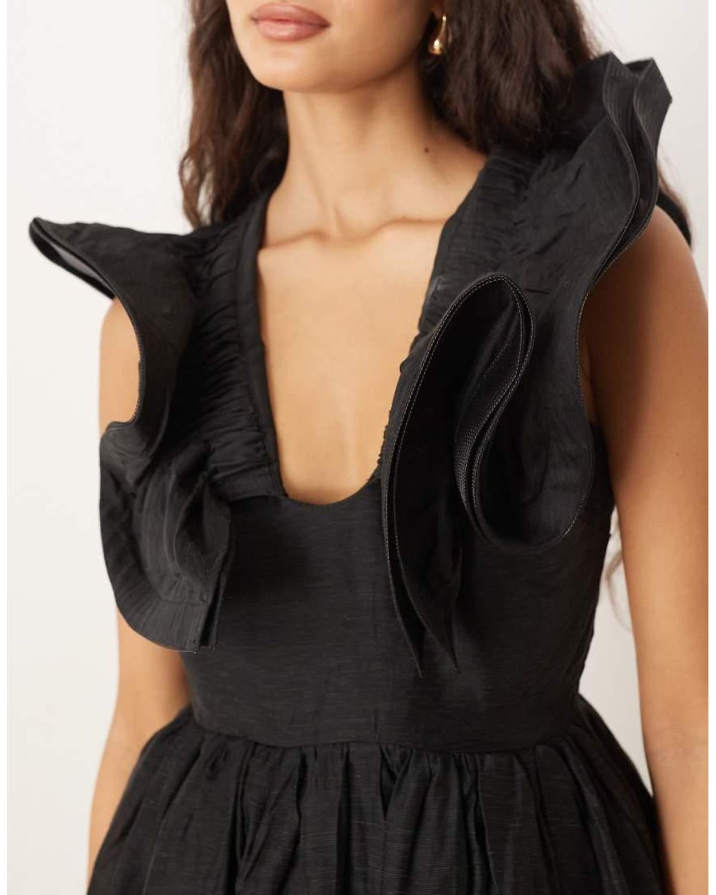 True Decadence Black Ruffle Neck Midi Dress