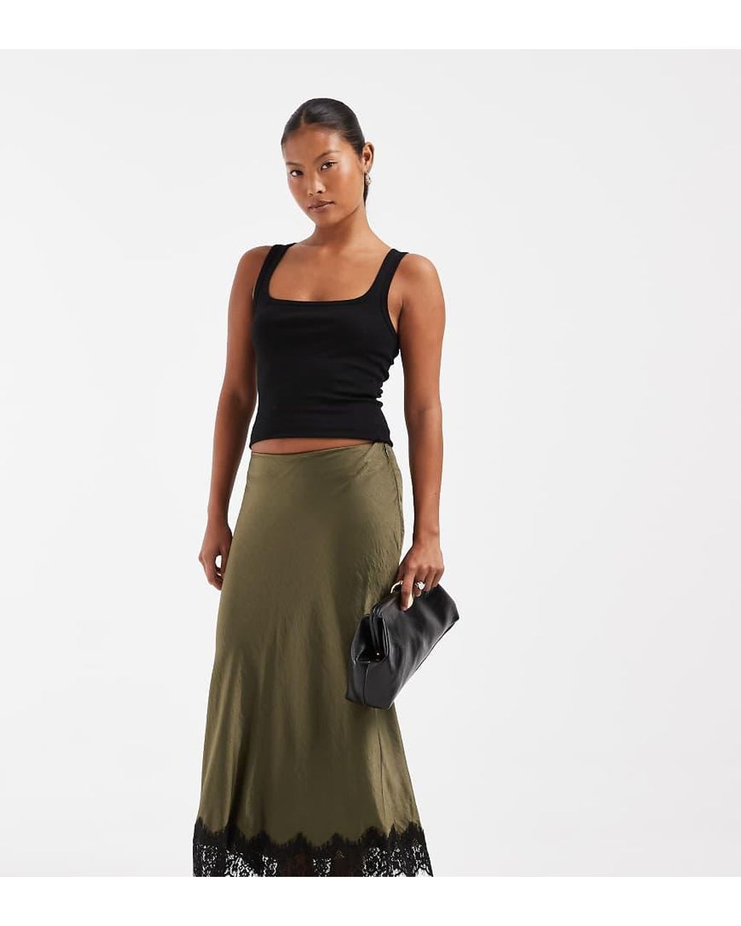 Vero Moda Green Satin Midi Skirt With Lace Detail Hem