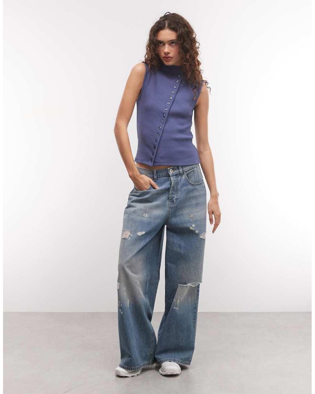 Weekday Blue Asymmetric Button Down Mock Neck Top