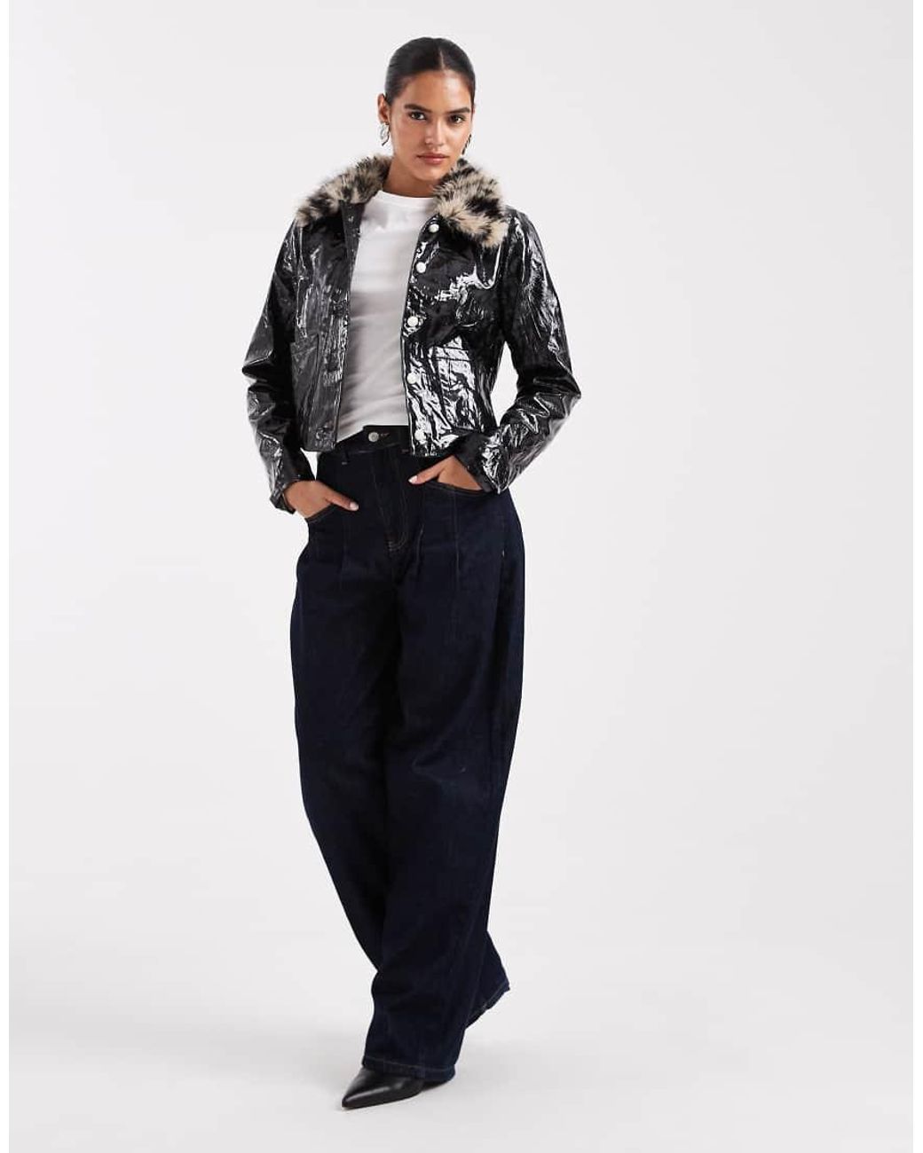 Sister Jane Black Crinkle Pu Jacket With Leopard Faux Fur Collar