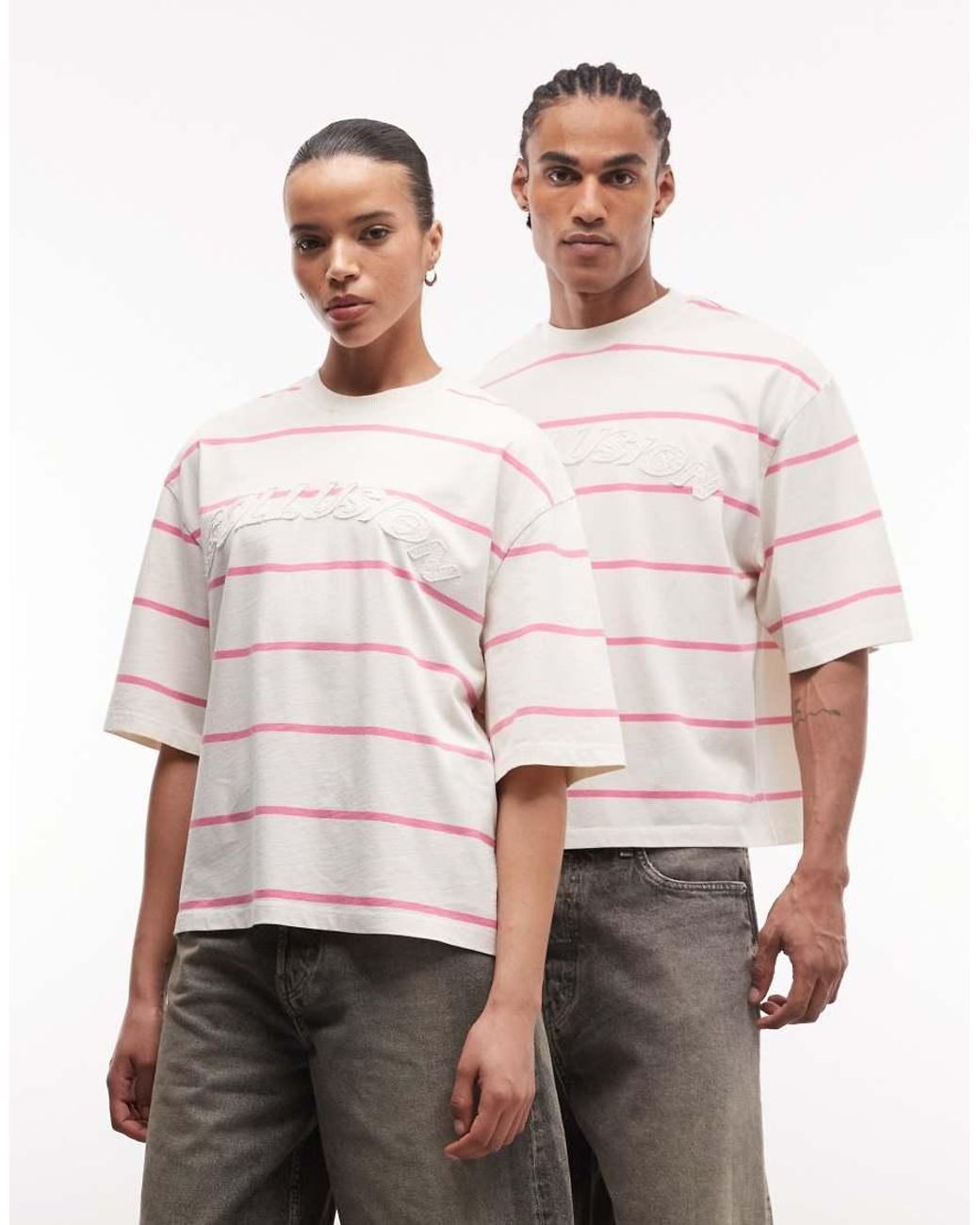 Collusion Pink Unisex Oversized Stripe Logo T-shirt