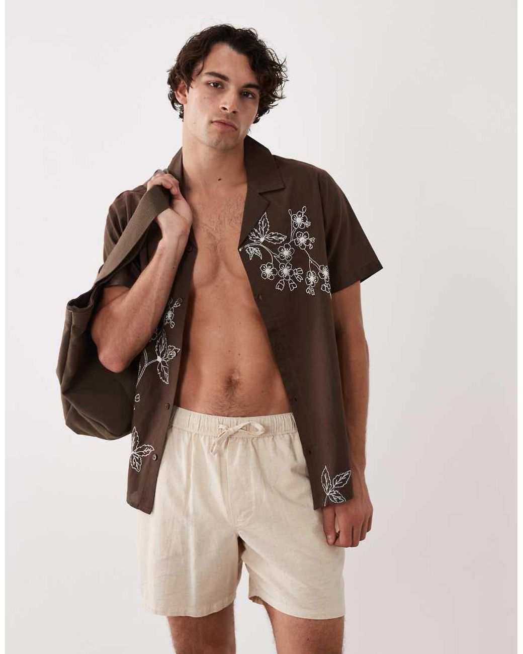 South Beach Natural Embroidered Beach Shirt for men
