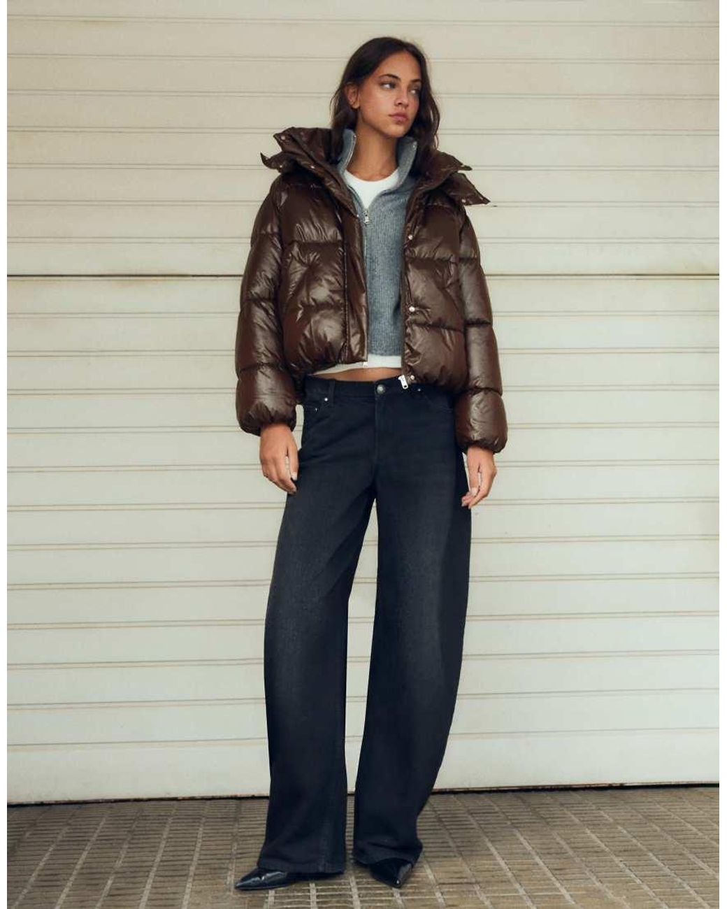 Bershka Brown Oversize Hooded Puffer Jacket