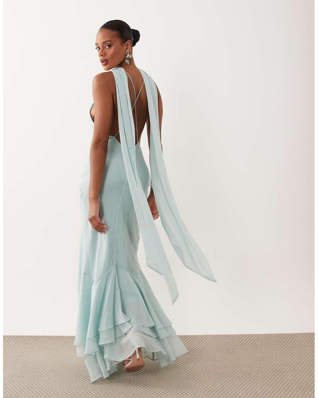 ASOS Blue Halter Maxi Dress With Scarf Detail And Ruffle Hem