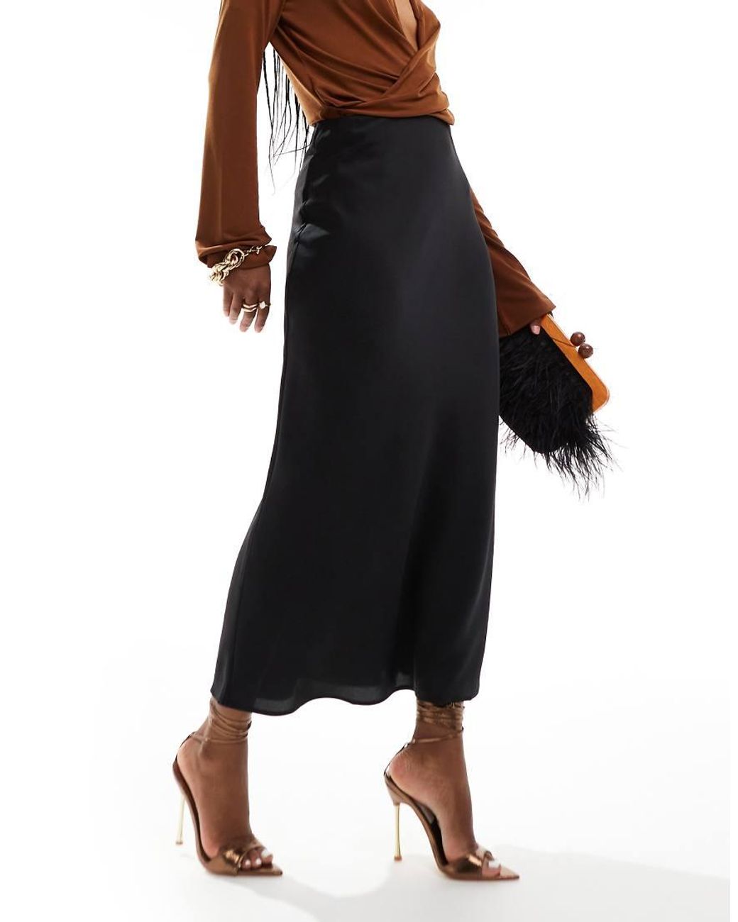 Vila Black Satin Midi Skirt