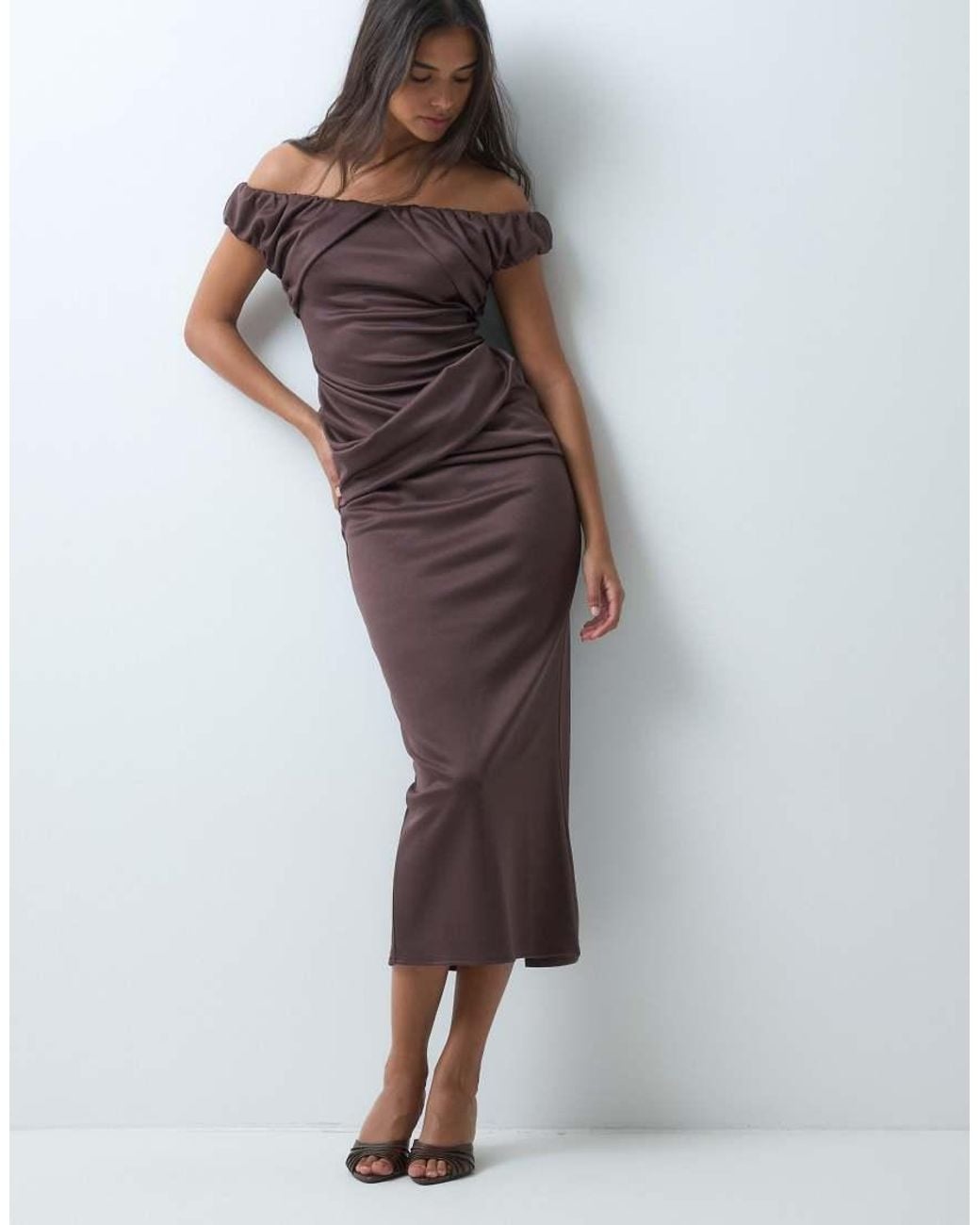 ASOS Purple Structured Midi Dress With Ruched Off Shoulder Detail