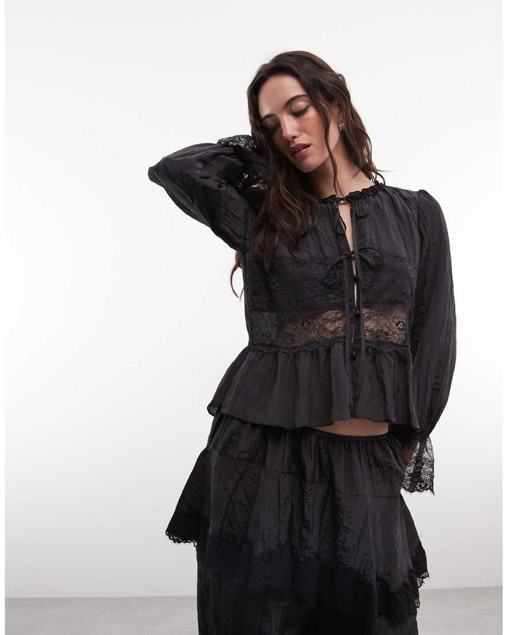 Daisy Street Black Boho Lace Insert Tie-front Blouse