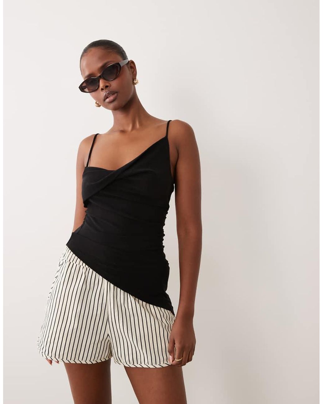 Gina Tricot Black Asymmetric Ruched Singlet Top
