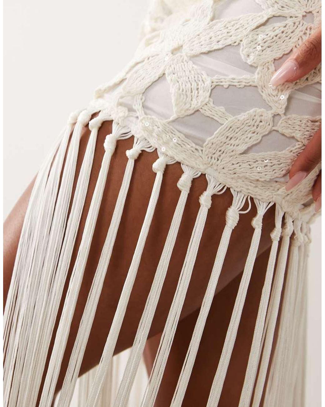 Missy Empire White Crochet Flower Overlay Halterneck Fringe Hem Maxi Dress