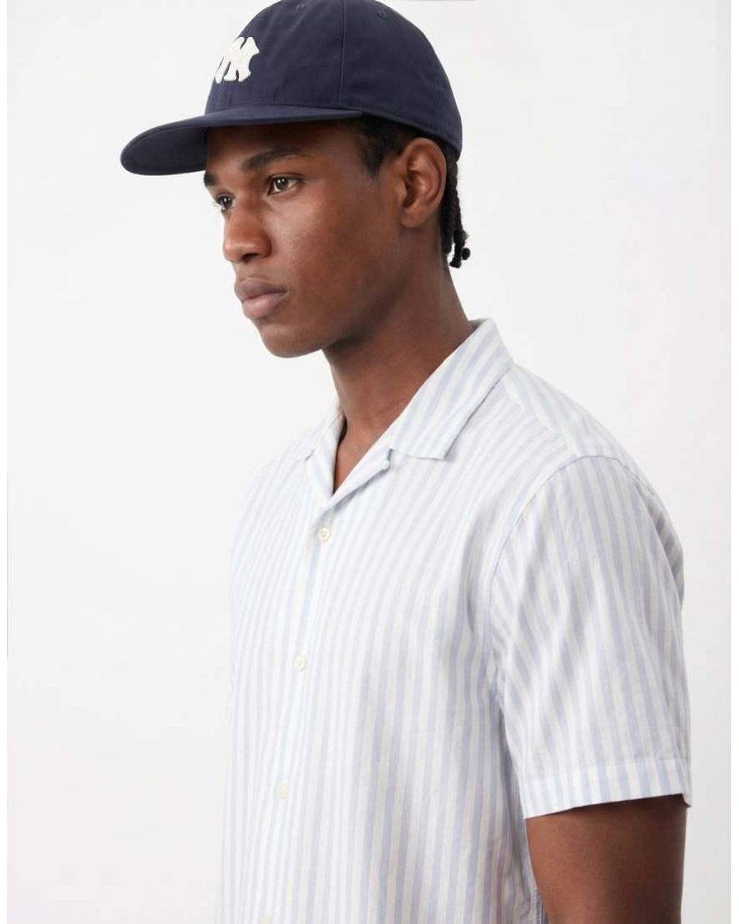 SELECTED White Linen Blend Short Wide Stripe Sleeve Shirt for men