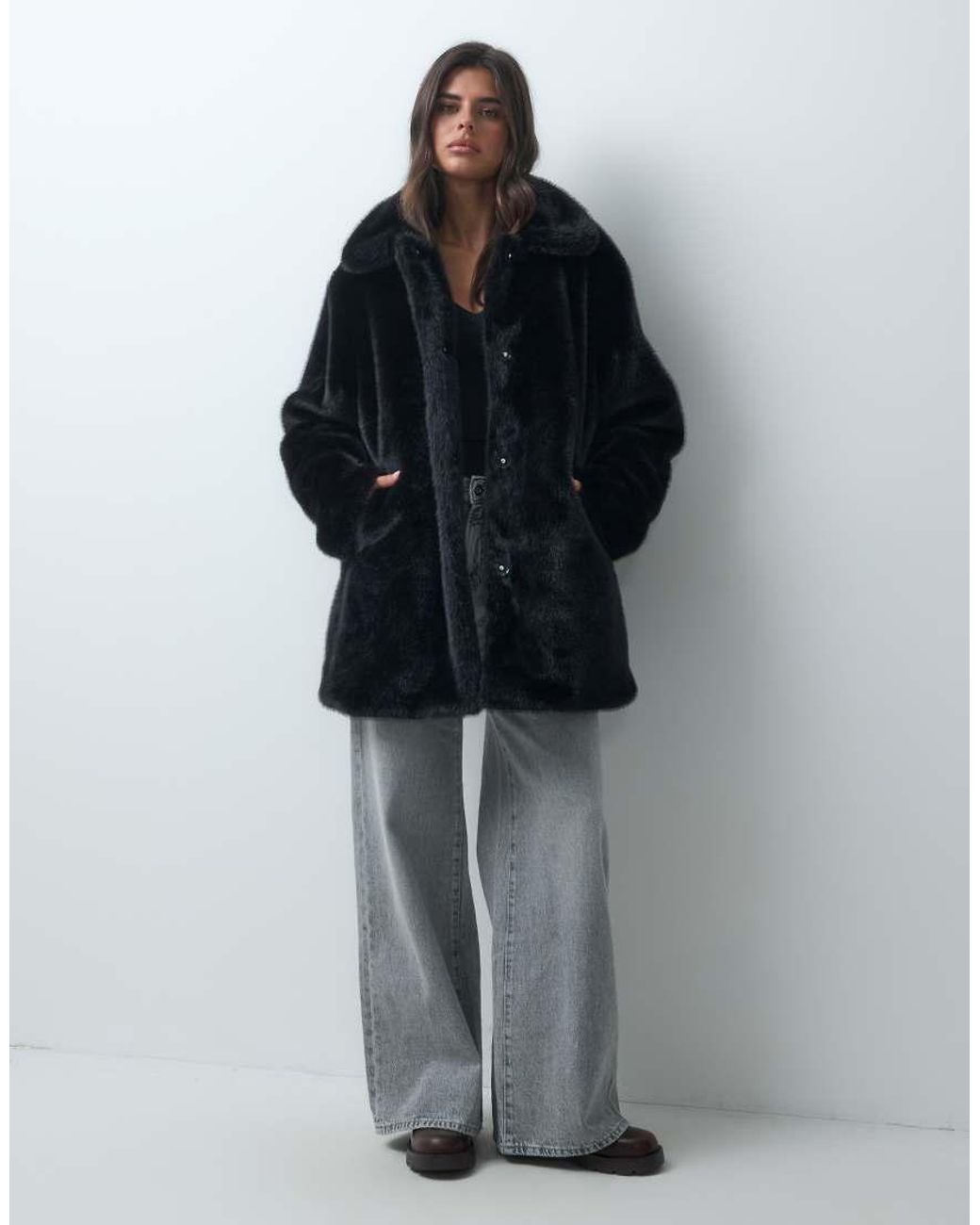 ASOS Blue Collared Faux Fur Midi Car Coat