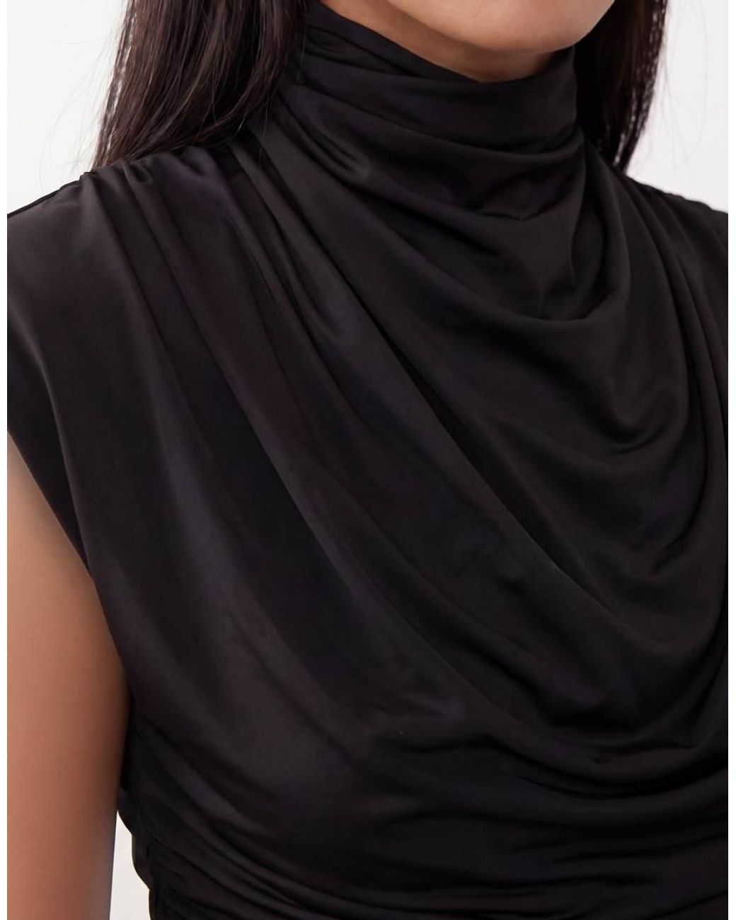 TFNC London Natural Slinky High Neck Shoulder Pad Drape Detail Midi Dress