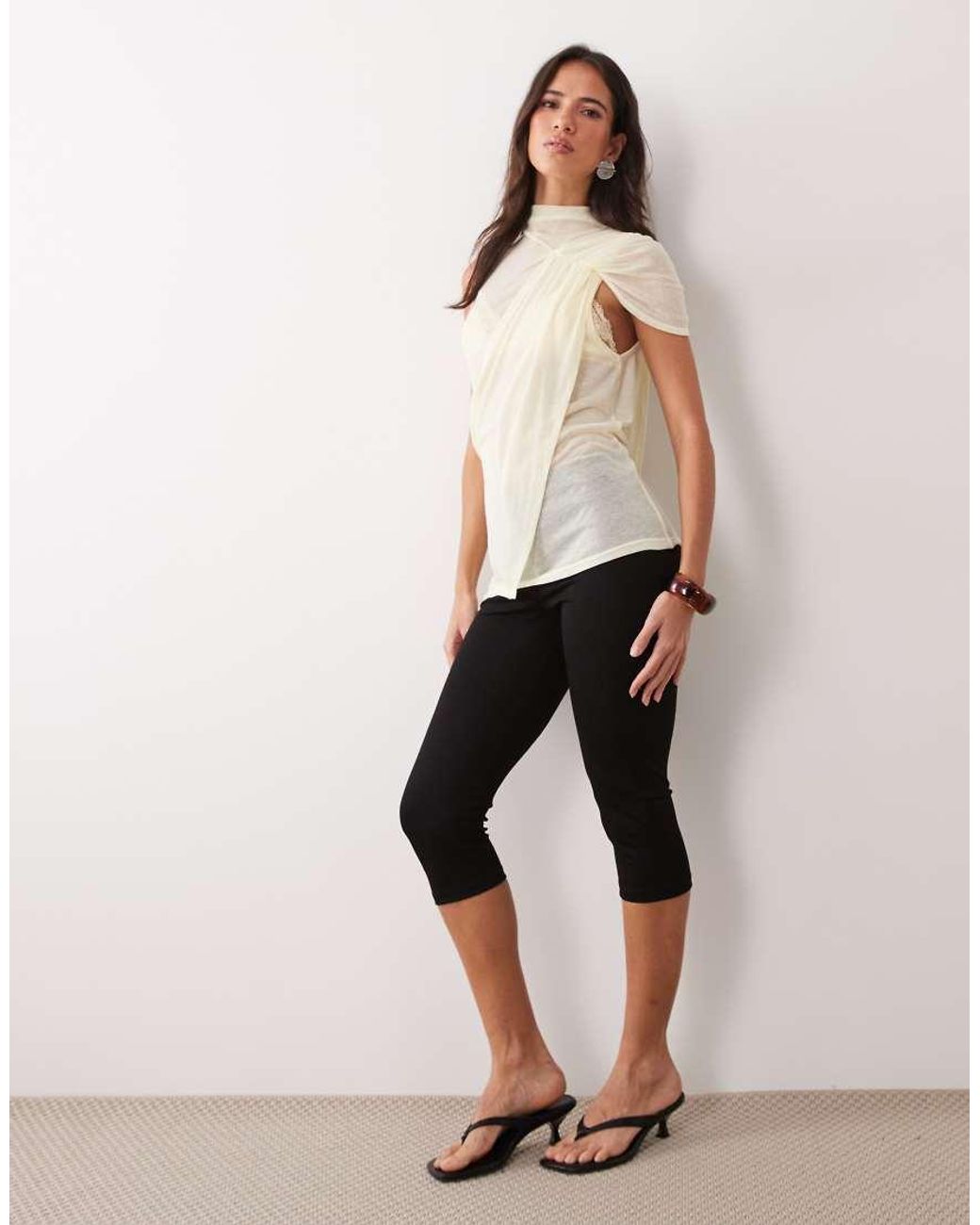 ASOS Brown Semi Sheer Knit Look Asymmetric Drape Detail Top