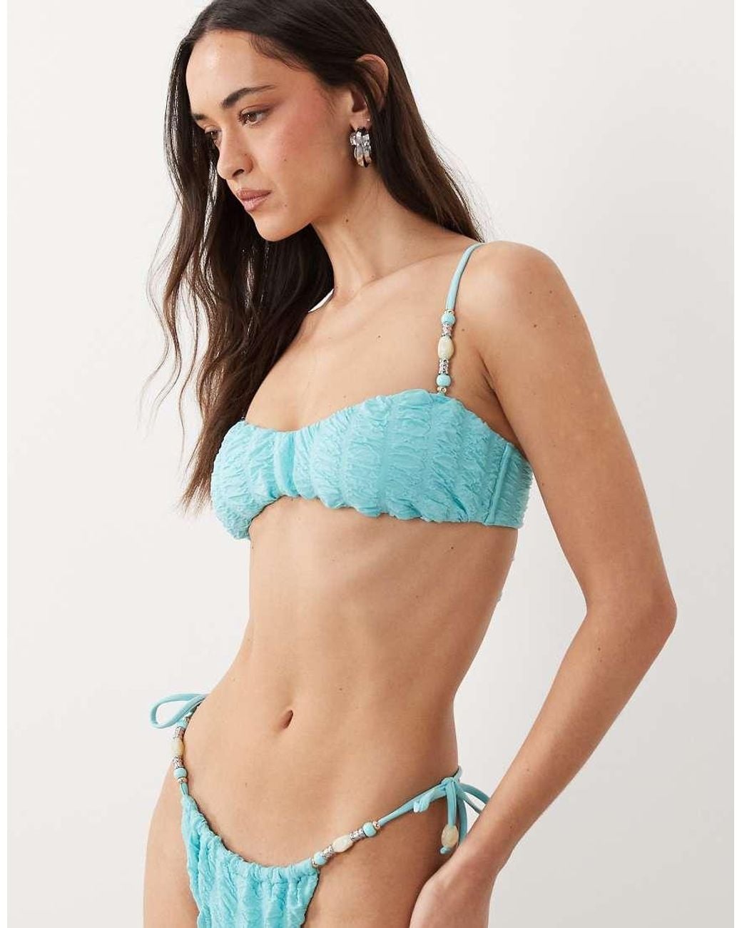 Miss Selfridge Blue Shirred Faux Pearl Detail Bikini Top