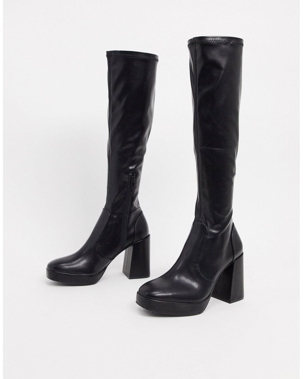Pull&Bear Platform Heel Knee Boots in Black | Lyst