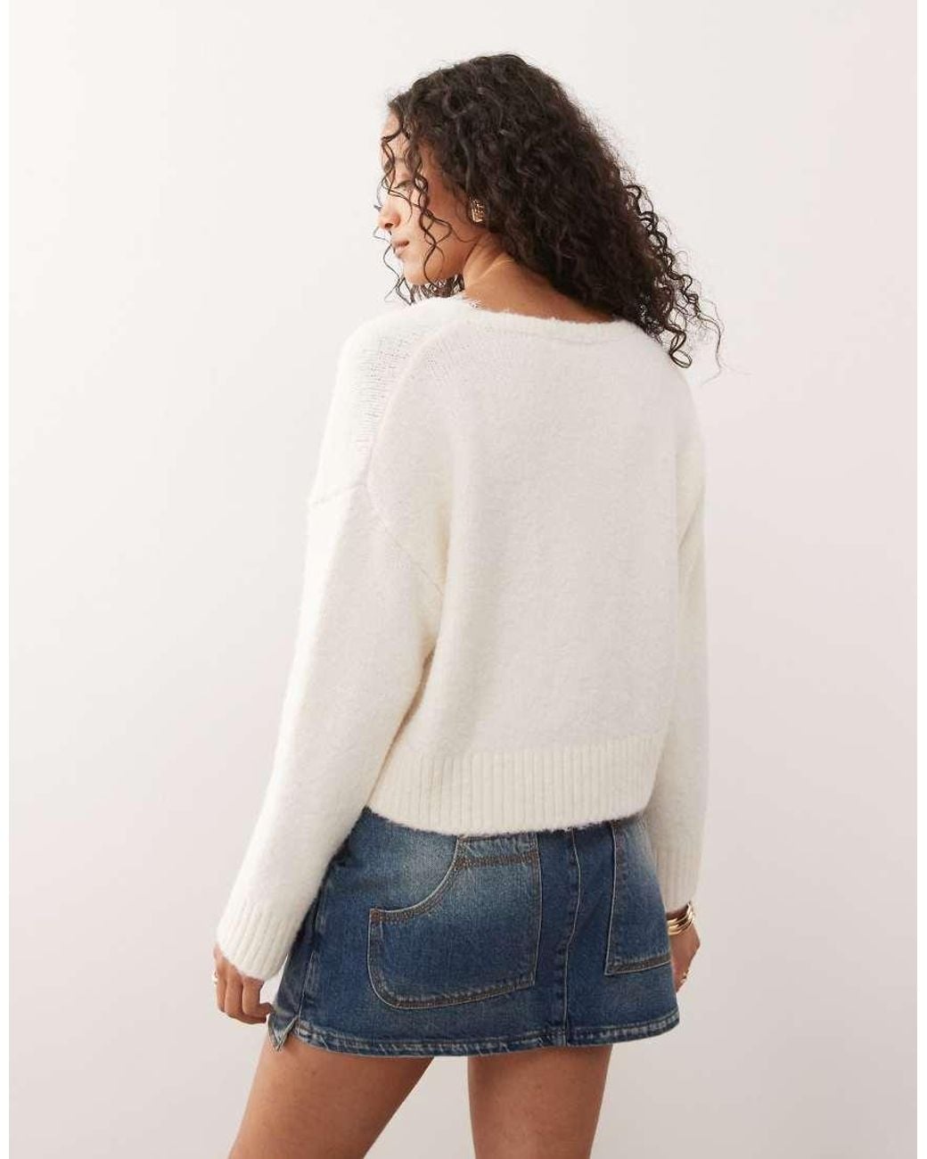 Monki White Exclusive Fluffy Knitted V-neck Jumper With Lace Trim