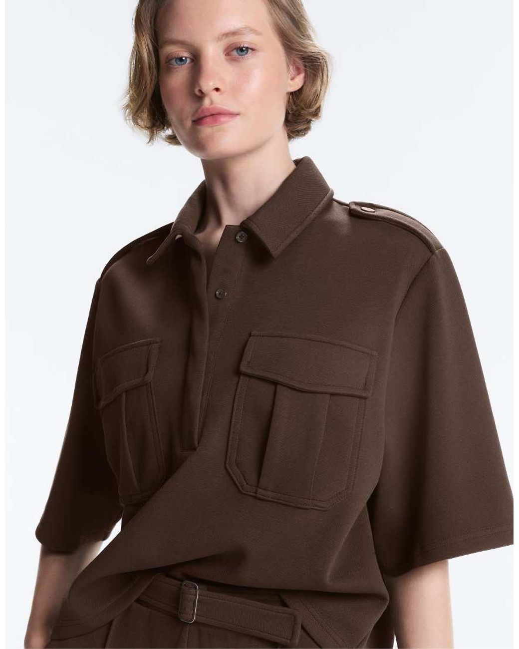 Oysho Brown Utility Short-Sleeve Sweatshirt With Cotton Piqué