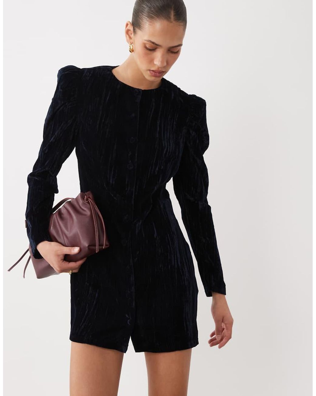 ASOS Black Crew Neck Button Through Velvet Mini Dress