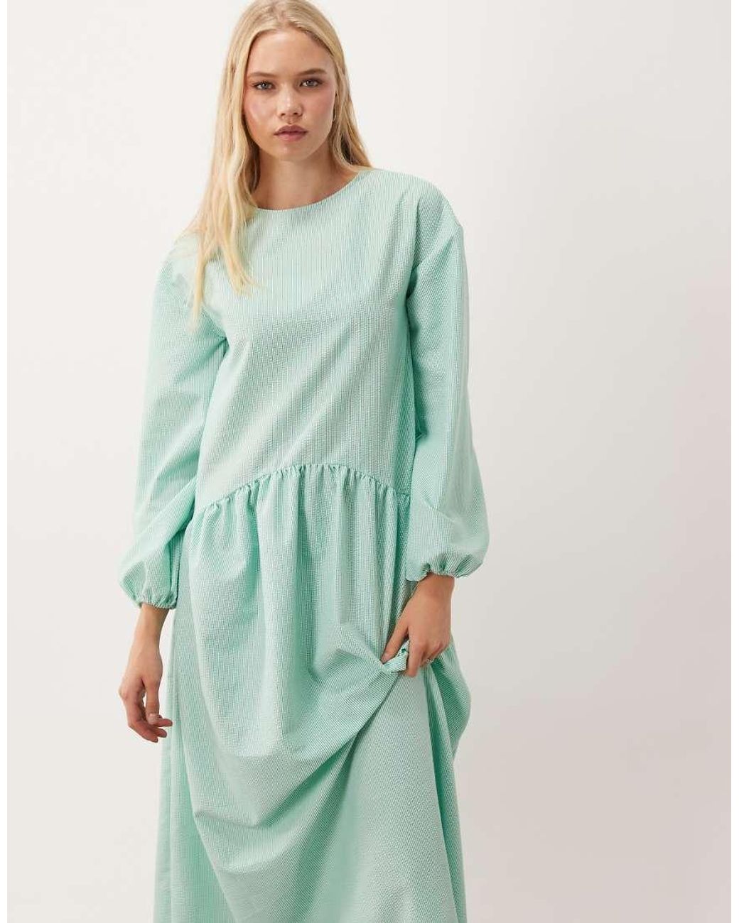 ASOS Green Crew Neck Arched Waist Smock Maxi Dress