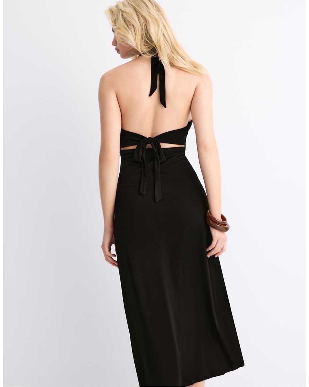 Stradivarius Black Midi Dress With Knot