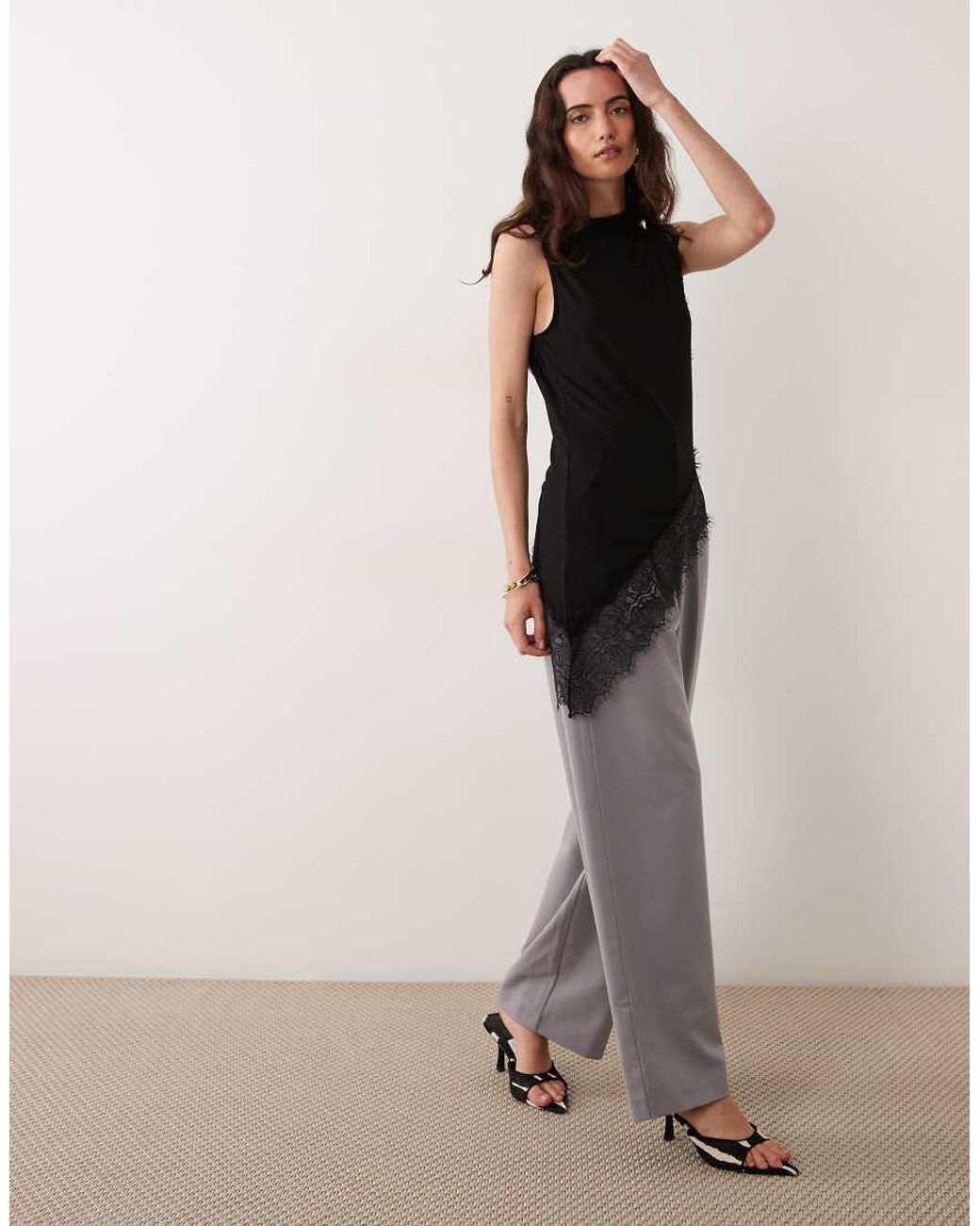 ASOS Black Slinky Asymmetric Lace Trim Top