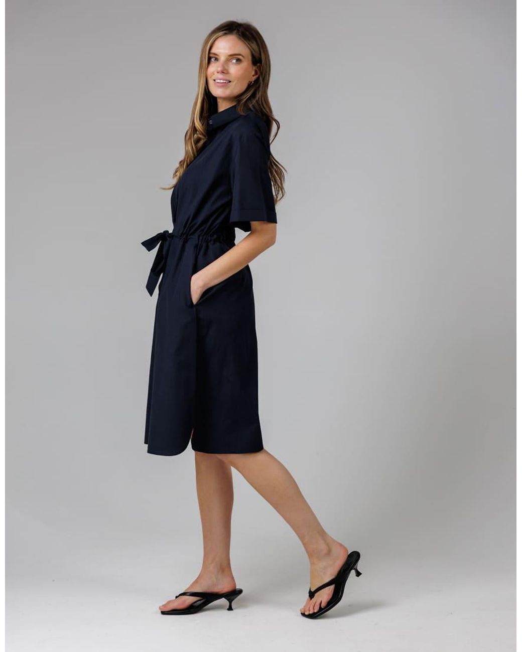 French Connection Blue Cotton Blend Short Sleeve Tie Waist Poplin Midi Shirt Dress