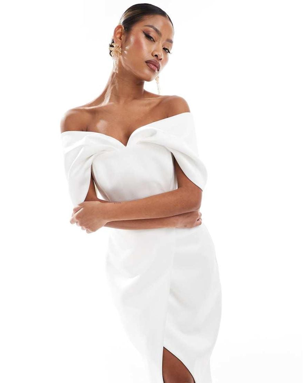 Lavish Alice Draped Bardot Bonded Satin Midi Dress in White | Lyst UK