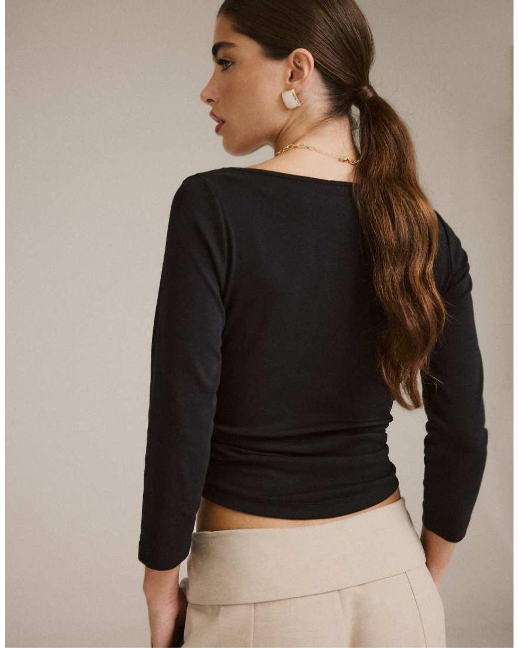 Stradivarius White Boat Neck 3/4 Sleeve T-shirt