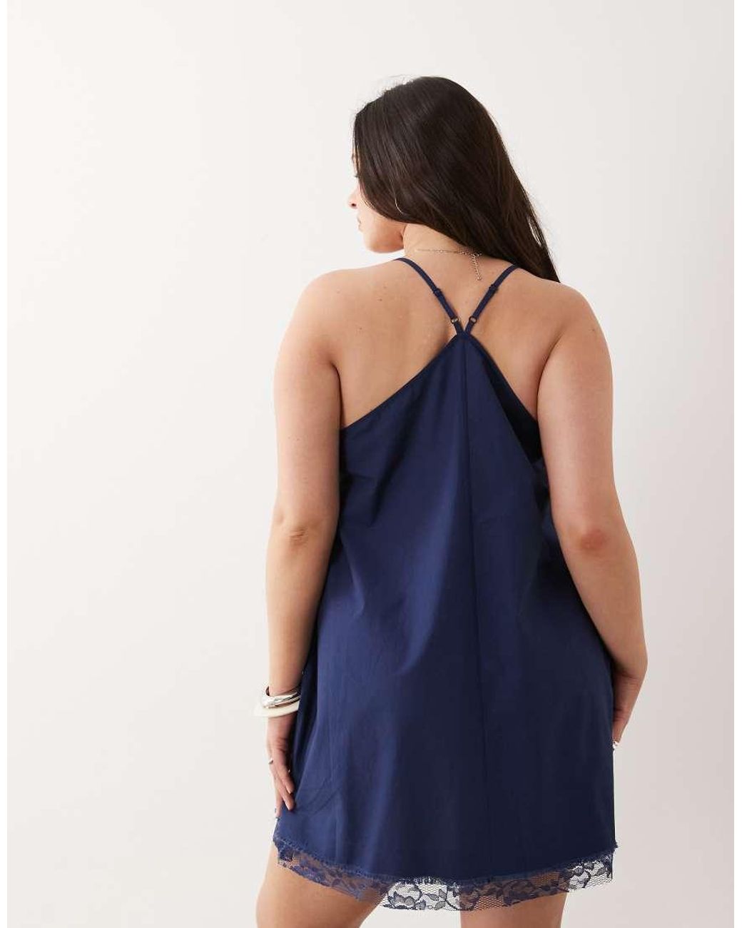 ASOS Blue Asos Design Curve Cami V Neck Mini Sundress With Lace Overlay