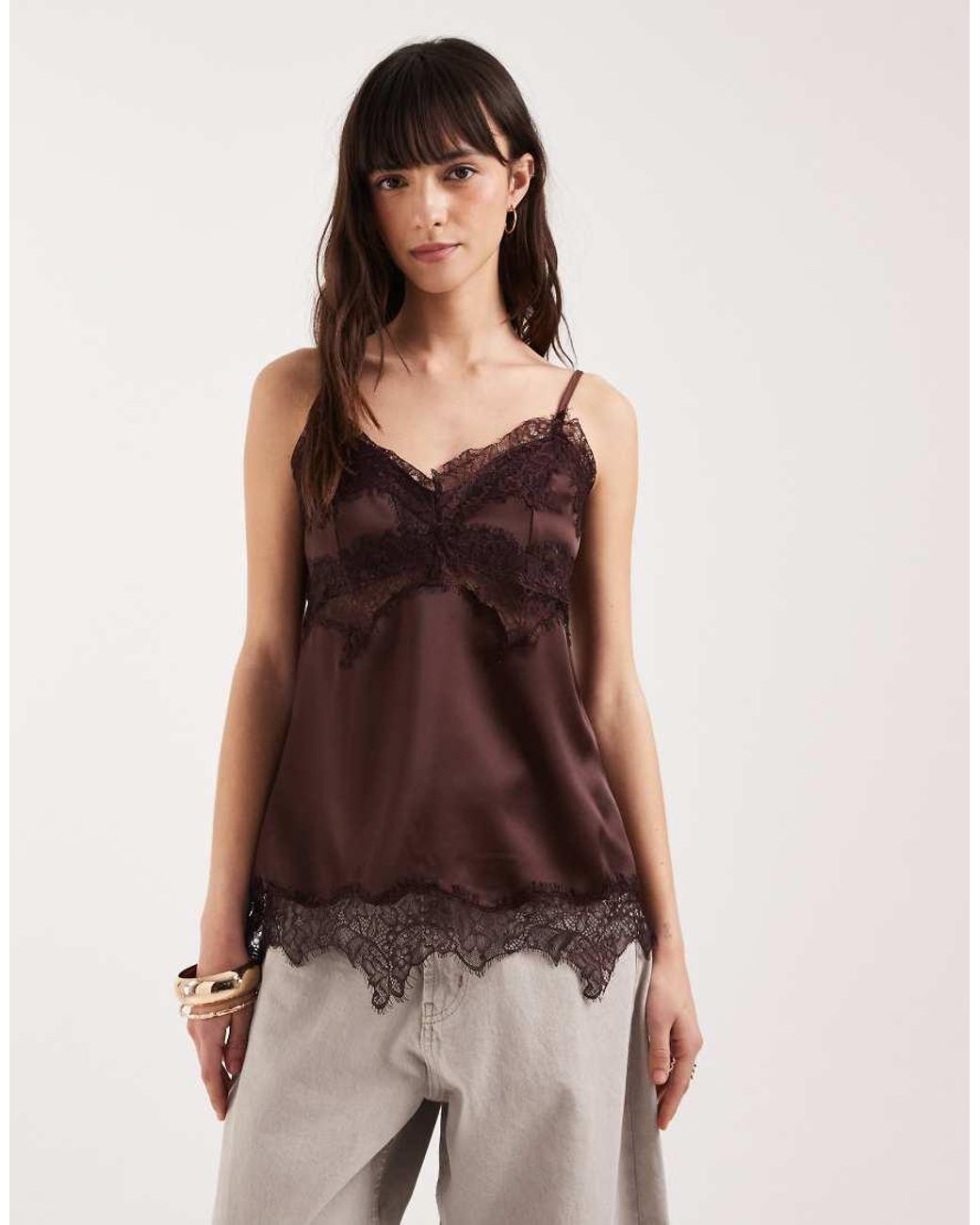 ASOS Brown Lace Trim Long Line Satin Cami Top