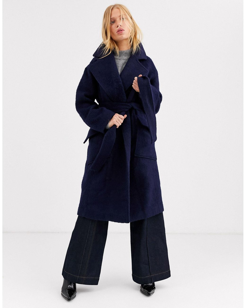 ASOS Wool Belted Coat in Blue | Lyst