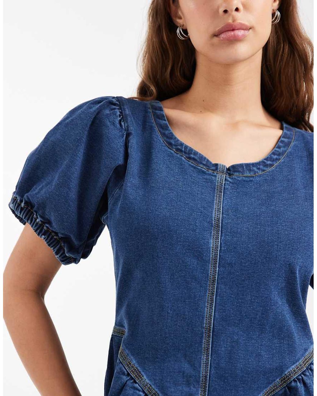 Daisy Street Blue Puff Sleeve Drop Waist Maxi Dress