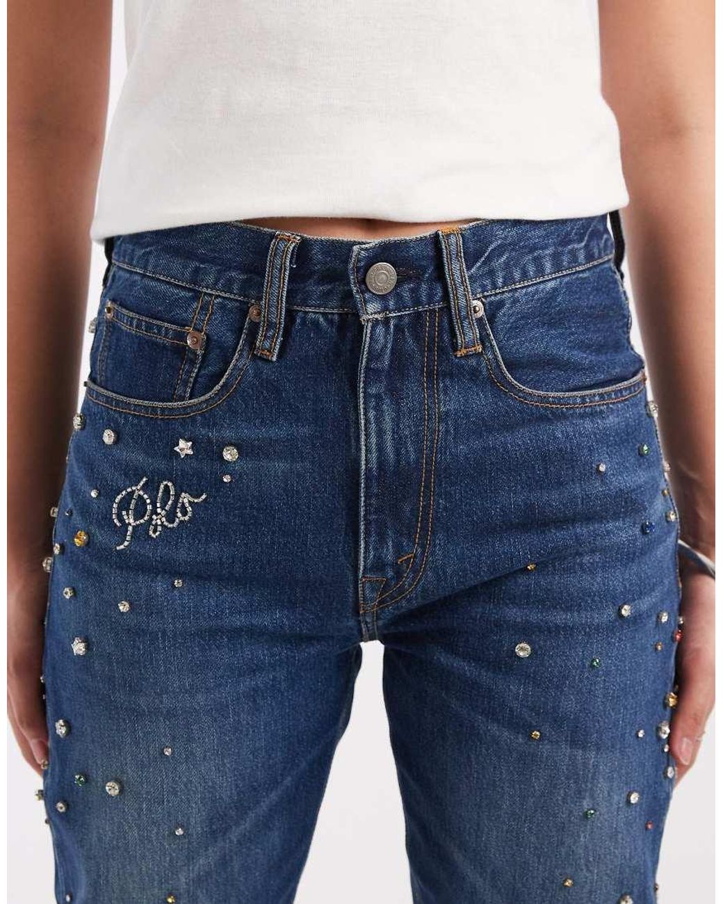 Polo Ralph Lauren Blue Lugo Wash Jewel Detail Wide Leg Jeans
