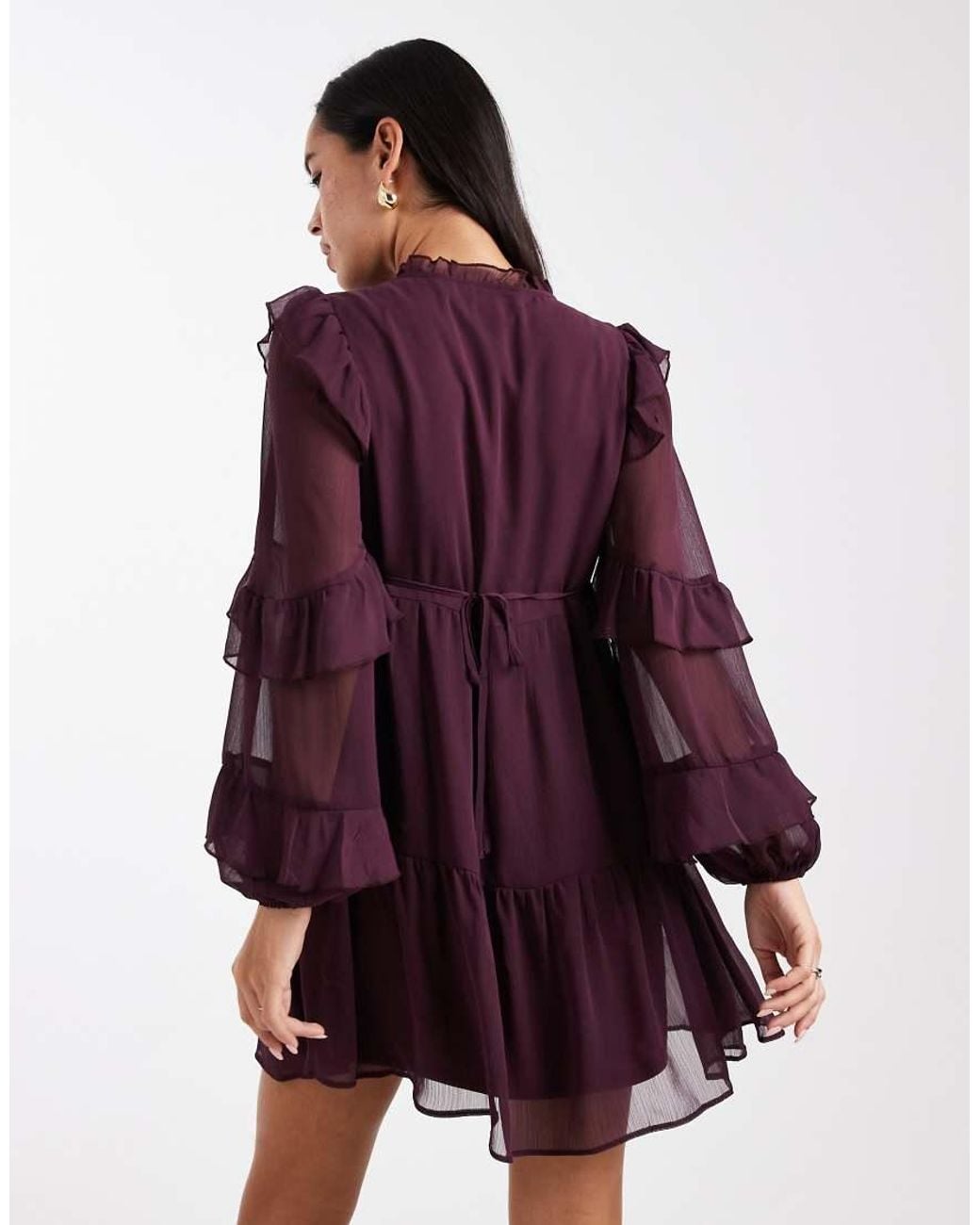New Look Purple Ruffle Chiffon Long Sleeve Mini Dress