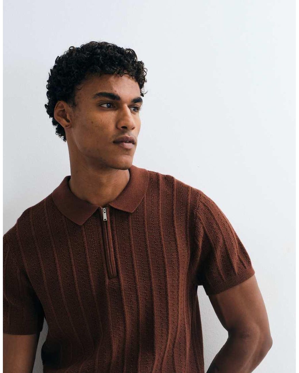 New Look Brown Short Sleeve Quarter Zip Texture Polo for men
