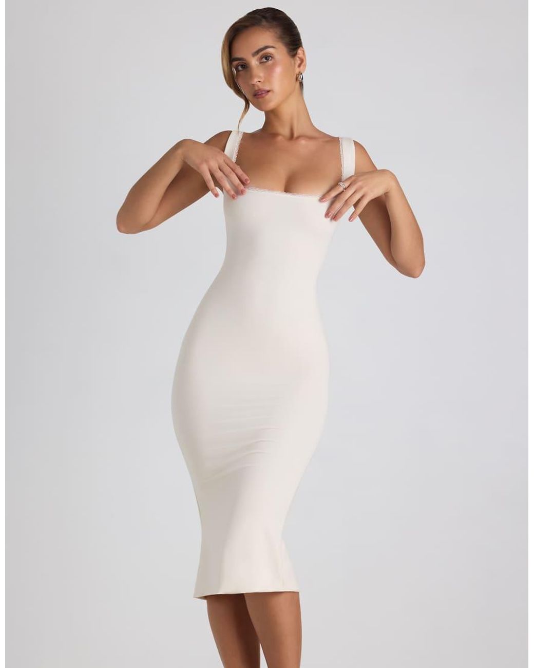 Oh Polly White Modal Lace Trim Square Neck Scoop Back Bodycon Midi Dress