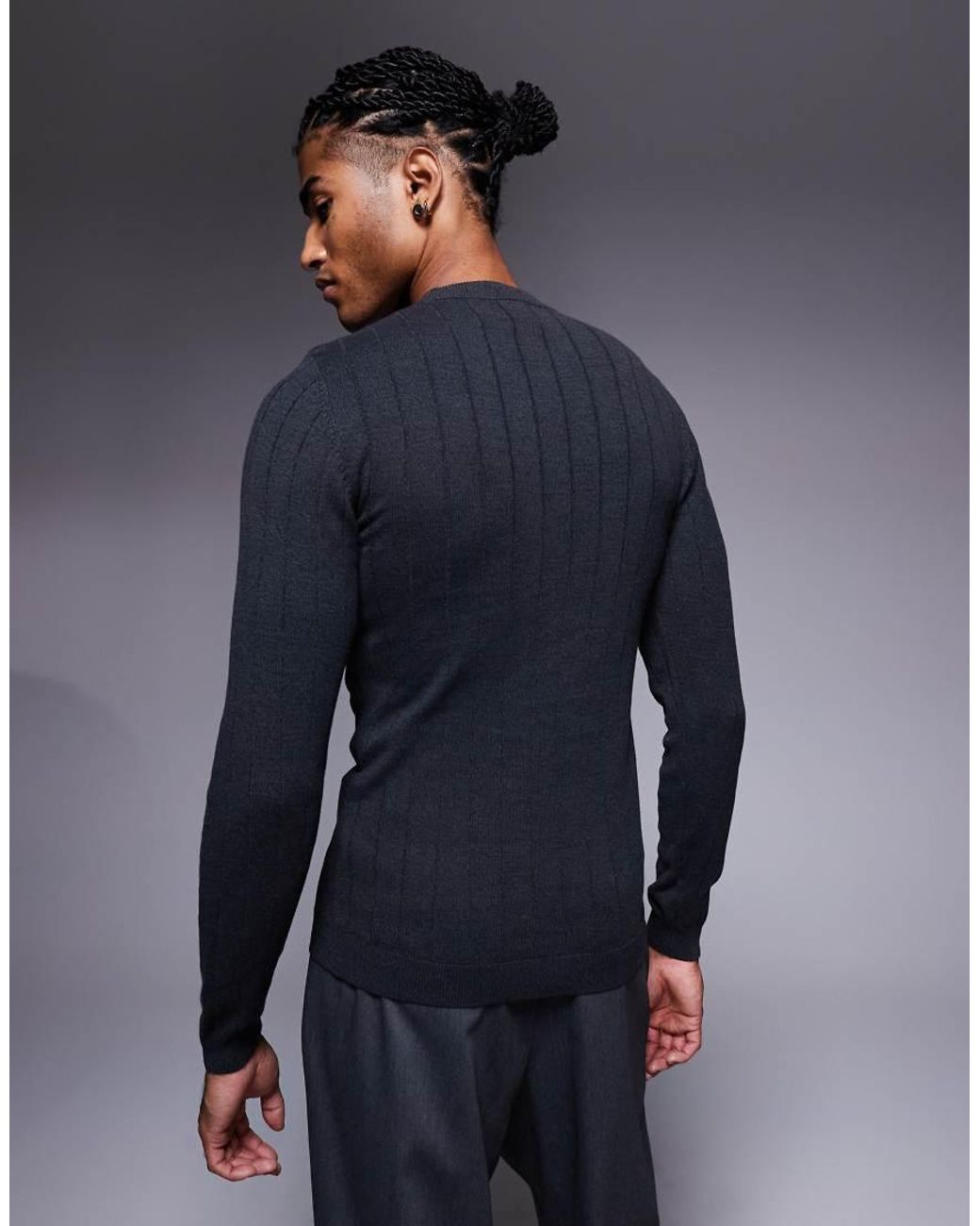 ASOS Blue Muscle Fit Long Sleeve Knitted Rib T-shirt for men