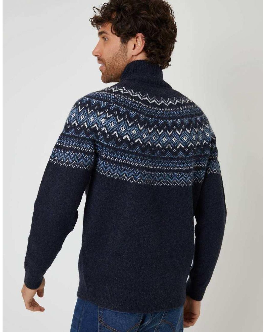 Threadbare Blue Fairisle Quarter Zip Knitted Jumper With Wool for men