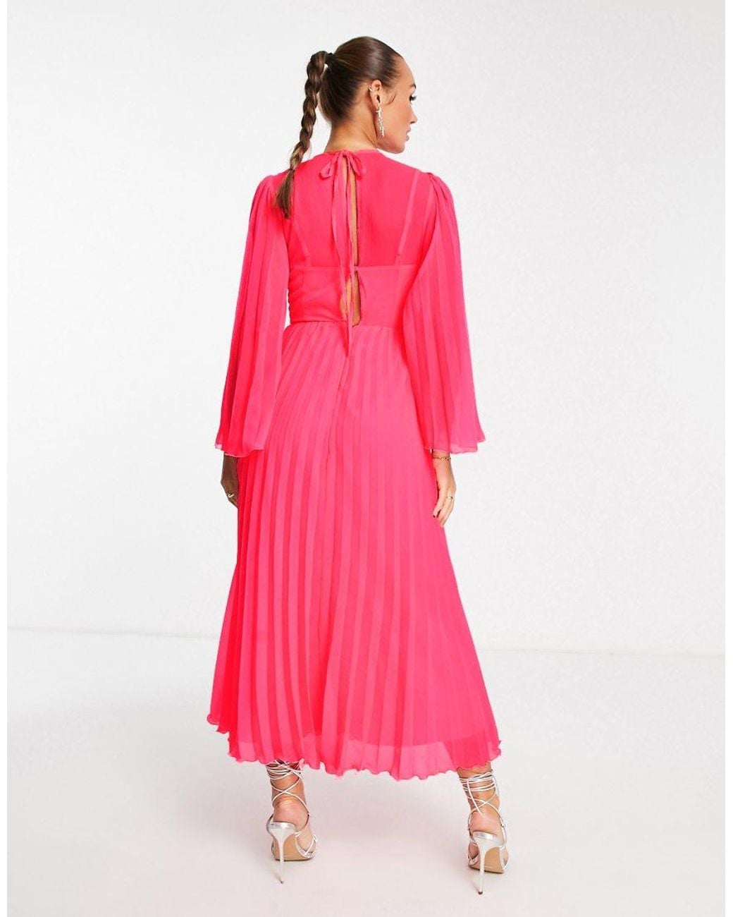 ASOS Pink Tie Back Fluted Sleeve Pleated Midi Dress