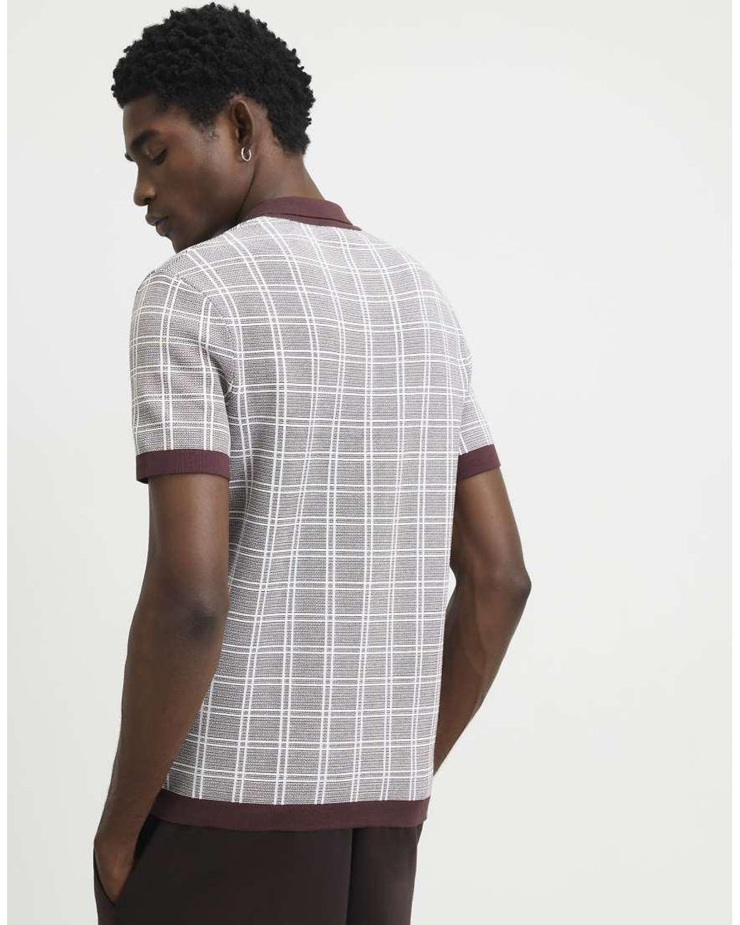 River Island Gray Slim Fit Check Knitted Polo Shirt for men