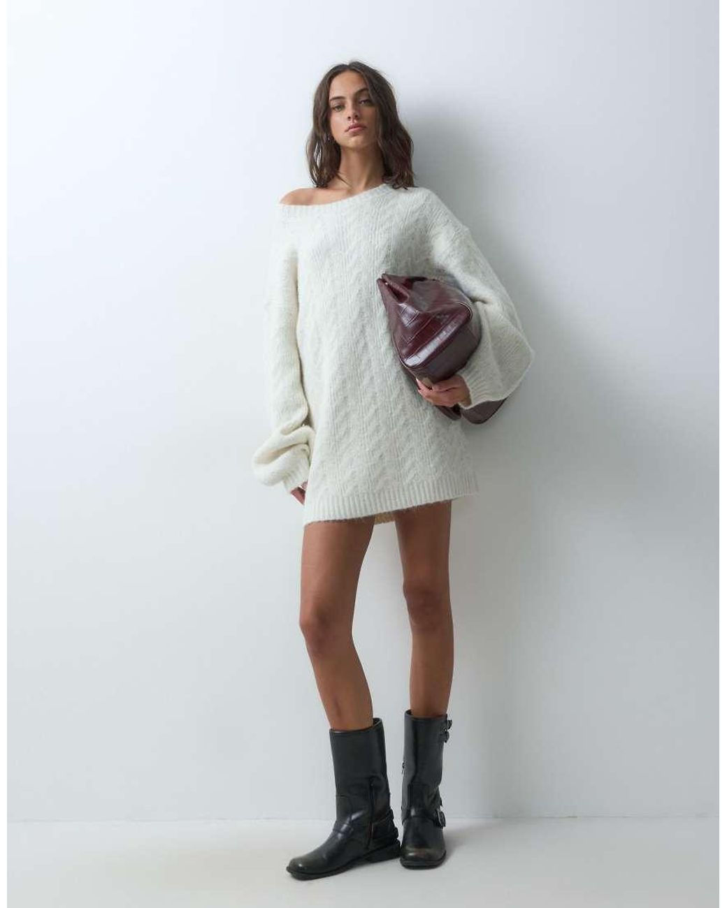 Miss Selfridge Gray Cable Knit Bow Detail Mini Dress