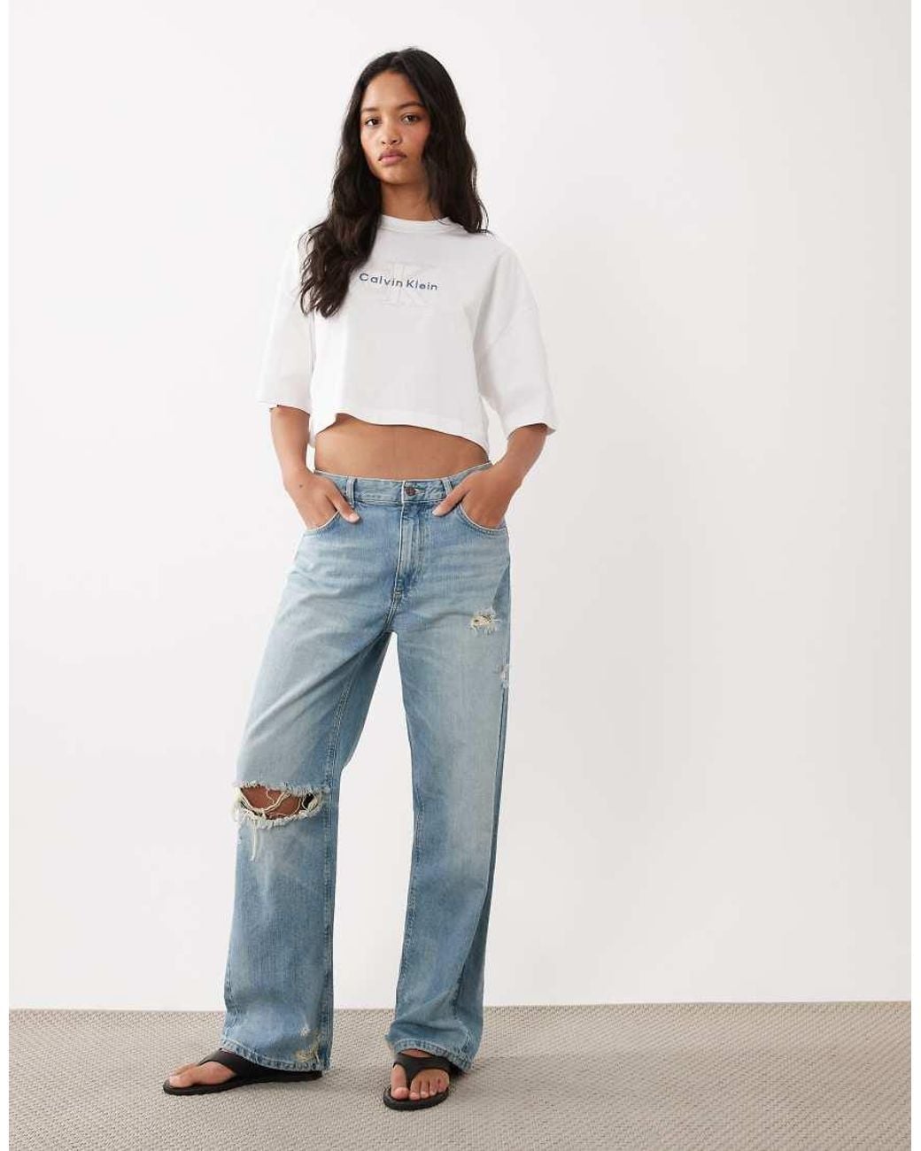 Calvin Klein White Monologo Cropped T-Shirt With Denim Applique Logo
