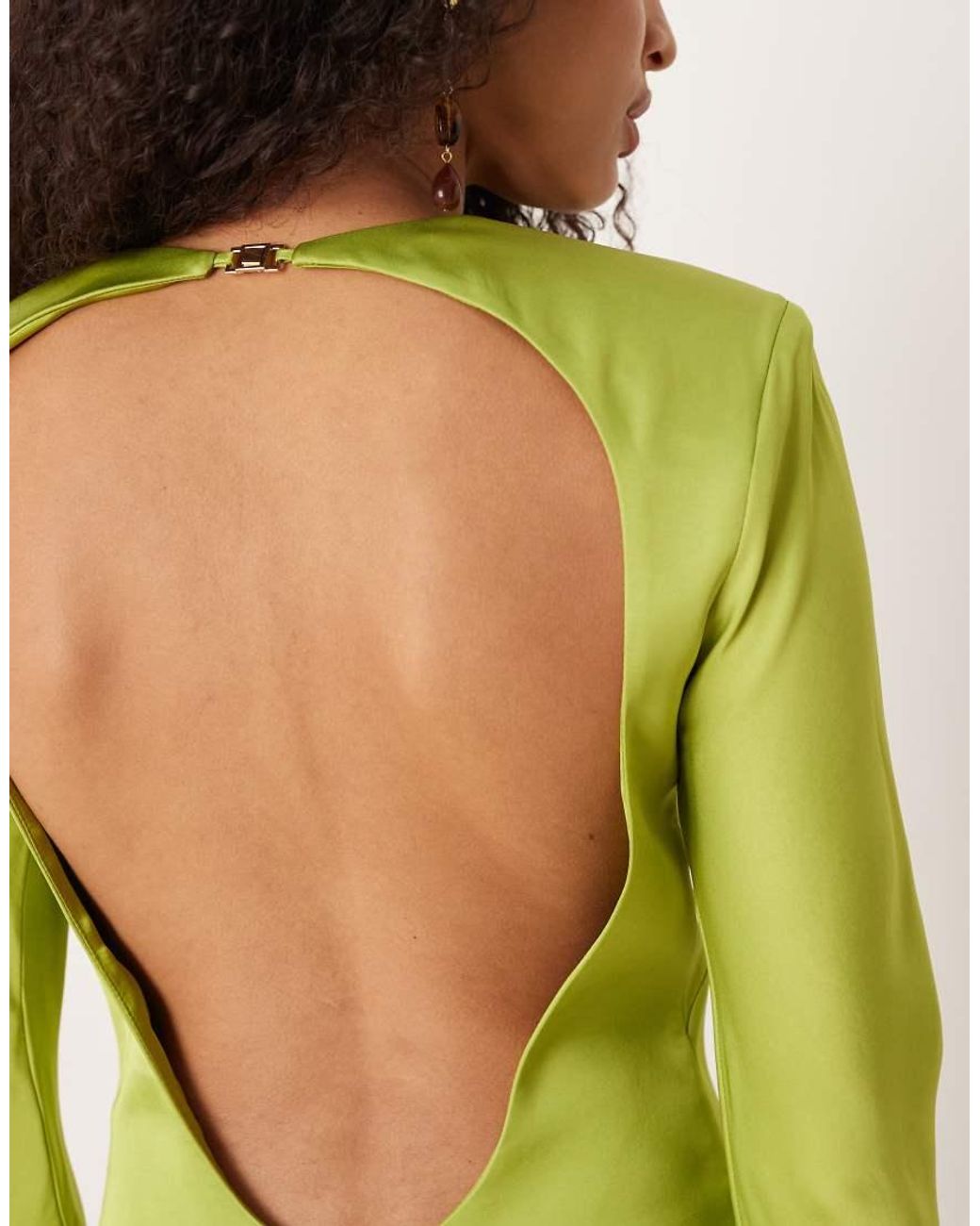 Mango Green Satin Open Back Long Sleeve Mini Dress