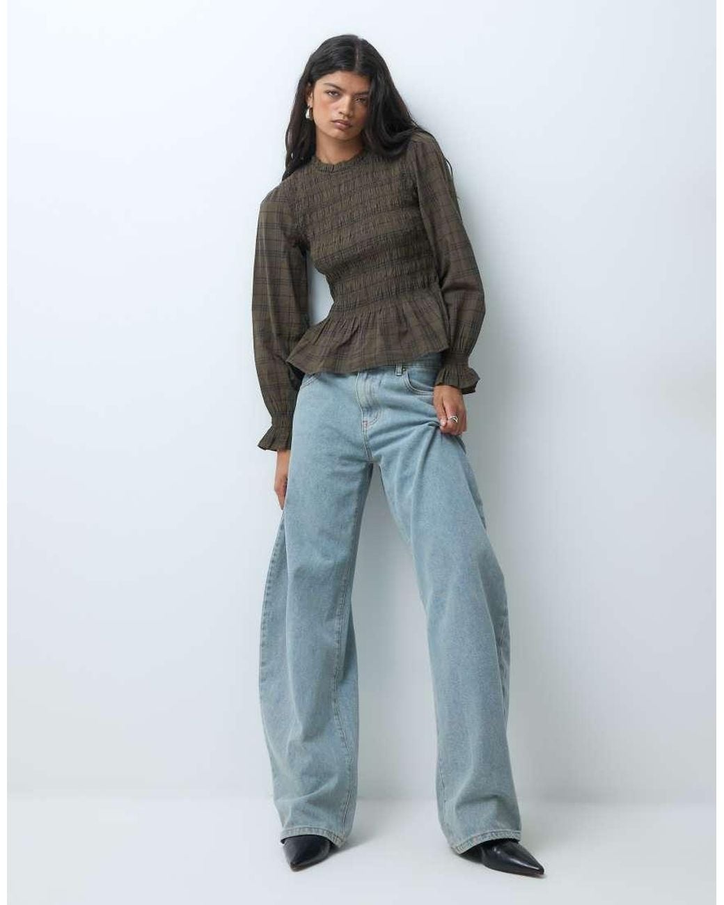 Mango Gray Teen Shirred Long Sleeve Top